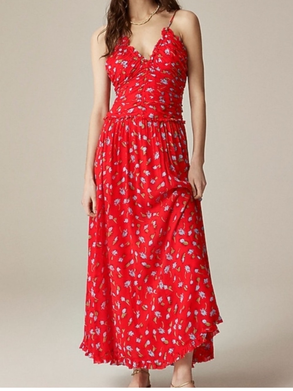 NWT J. Crew Collection Red Floral Spaghetti-Strap Ruched Chiffon Dress